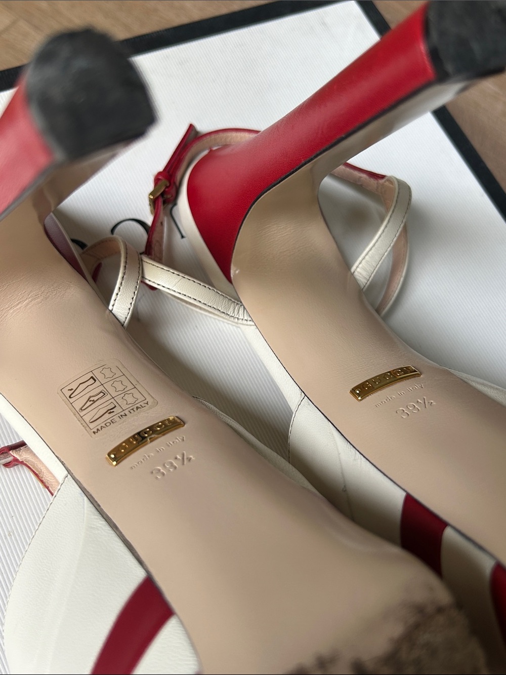 Gucci Red and White Stripe Platform Heels with Stud and Emblem Detail - Picture 8 of 13